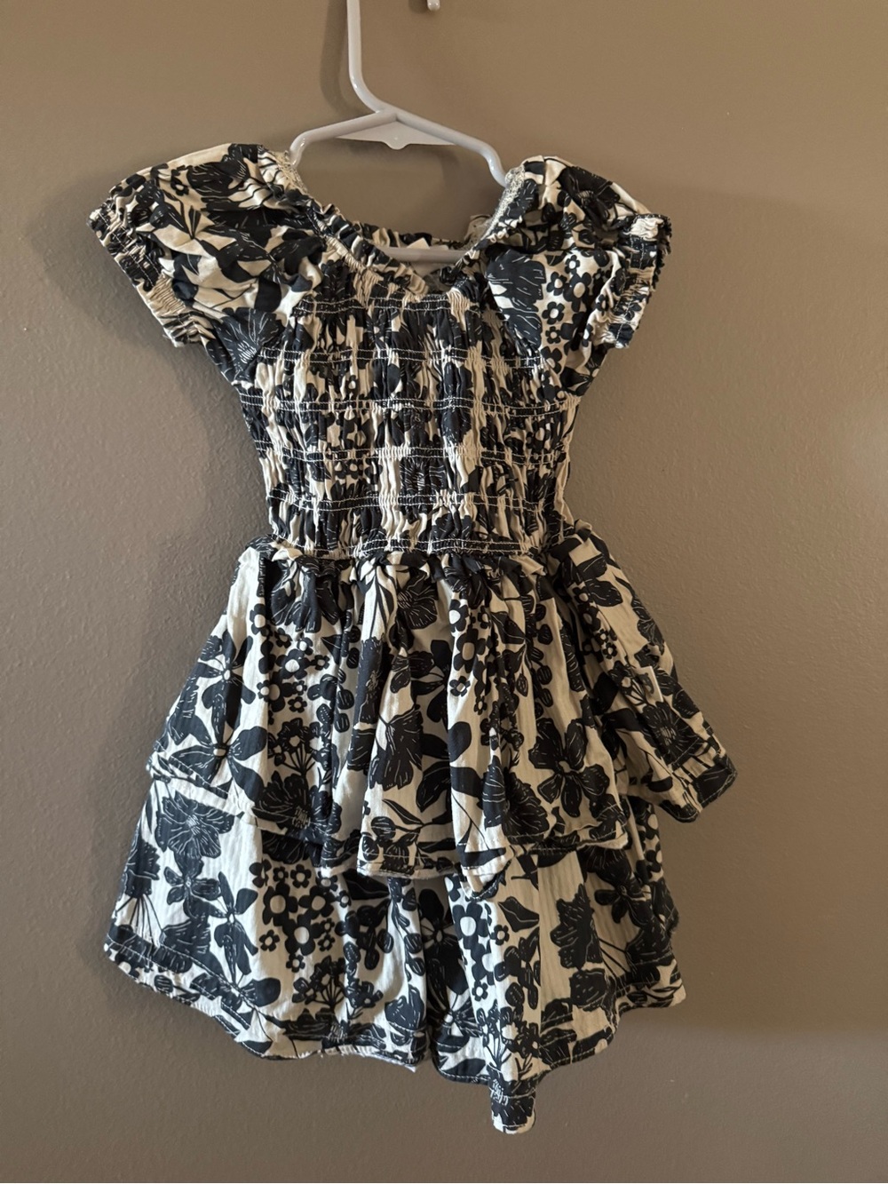 Girls Black & White Floral Smocked Dress